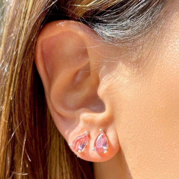 Brinco Cristal Turmalina Rosa em Gota